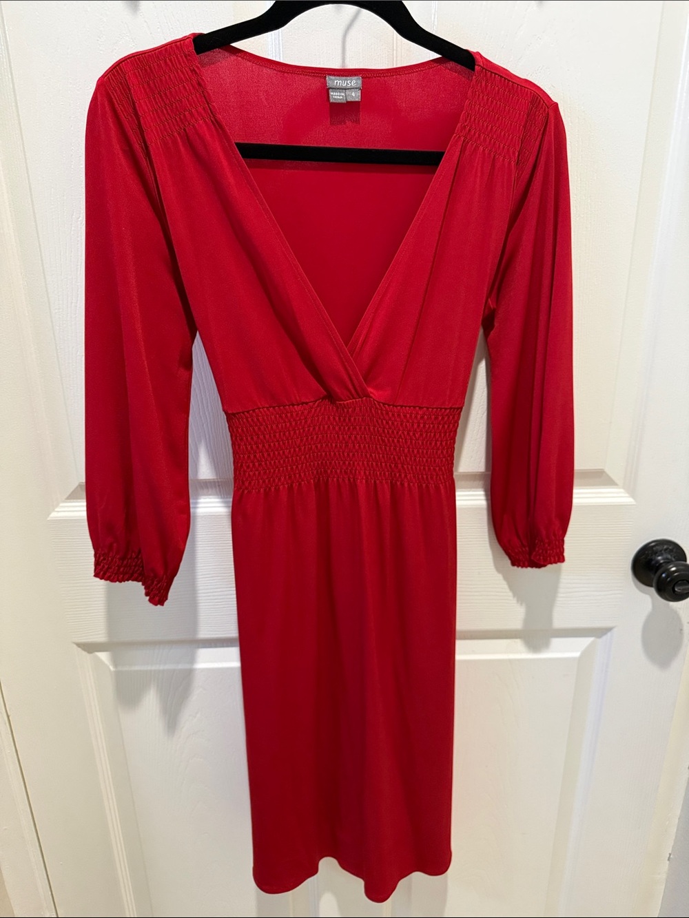 Muse Red Long-Sleeve V-Neck Smocked-Waist Midi Dress